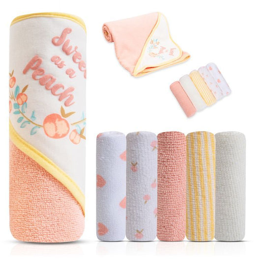 Baby Hooded Towel & 5 Washcloths Gift Set - Sweet As A Peach
